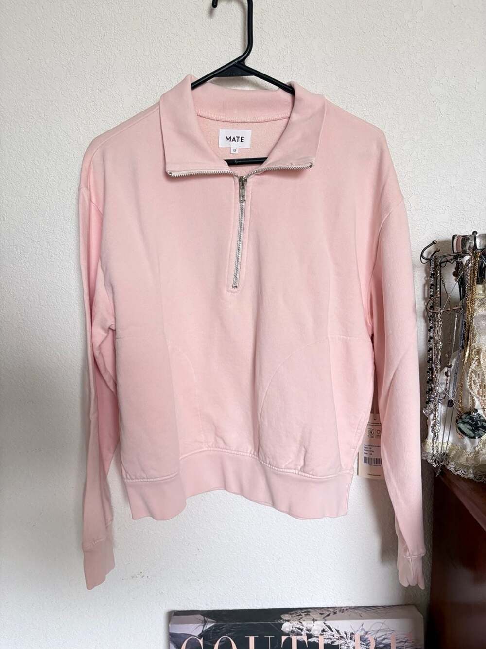 NWT Mate The Label Organic Fleece Quarter Zip Sweatshirt Size XS Pink